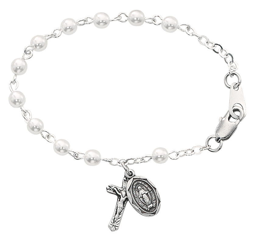 McVan BR177 5.5 in. Imitation Pearl Baby Bracelet with Sterling Silver Crucifix