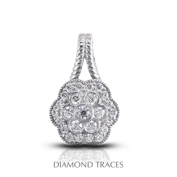 Diamond Traces 1.32 Carat Total Natural Diamonds 18K White Gold Pave & Bezel Setting Flower Shape With Rope Edging Fashion Pendant