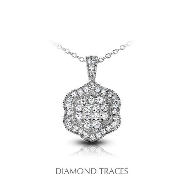 Diamond Traces UD-OS3003-6739 0.68 Carat Total Natural Diamonds 14K White Gold Pave Setting Flower Shape with Milgrain Fashion Pendant