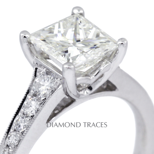 Diamond Traces D-P1206-71-KR8649_XD150-4739 1.81 Carat Total Natural Diamonds 18K White Gold 4-Prong Setting Engagement Ring with Milgrains Eng