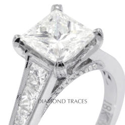Diamond Traces D-L3727-2-KR7765_AXD200-7443 1.95 Carat Total Natural Diamonds 18K White Gold 4-Prong Setting Engagement Ring with Milgrains Eng
