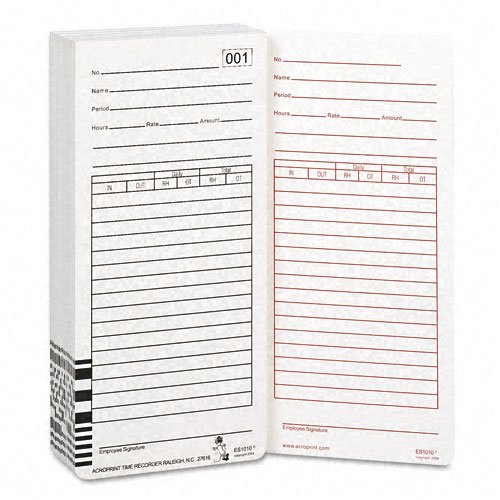 ACROPRINT TIME RECORDER 099111000 Time Card for Es1000 Electronic Totalizing Payroll Recorder- 100 Per Pack