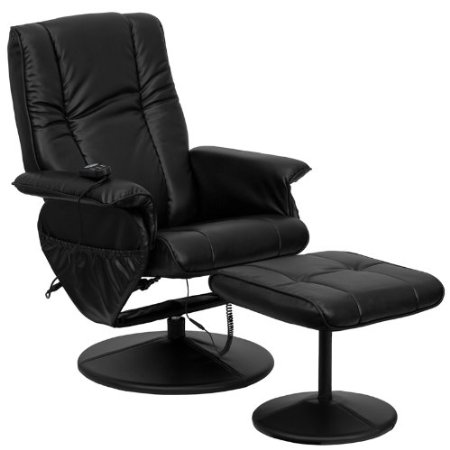 Flash Furniture BT-7600P-MASSAGE-BK-GG Massaging Black Leather Recliner and Ottoman with Leather Wrapped Base