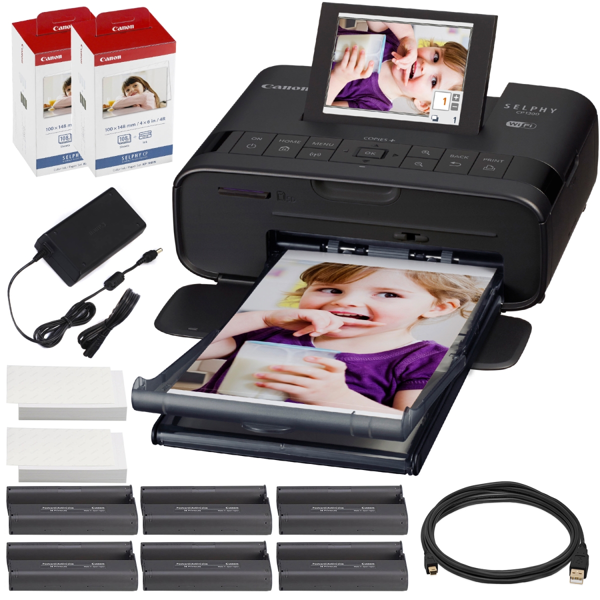 CANON-CP1300-2234C001-2PK-KIT967-NFBA Selphy Compact Photo Printer with Wi-Fi & 2x Color Ink & Paper Set&#44; Black