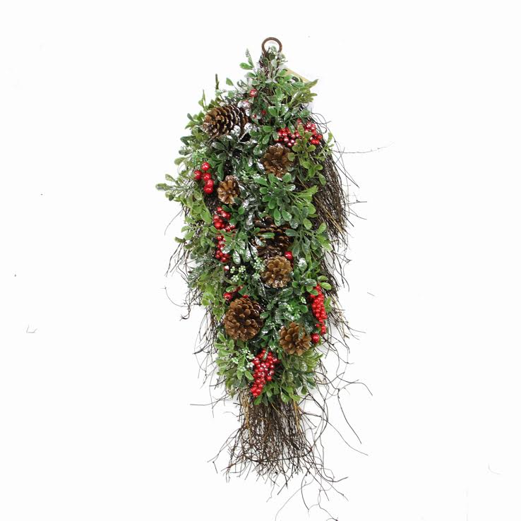 Northlight Seasonal 31737574 28 in. Glittered Artificial Boxwood Pine Cone and Red Berry Christmas Teardrop Swag- Unlit