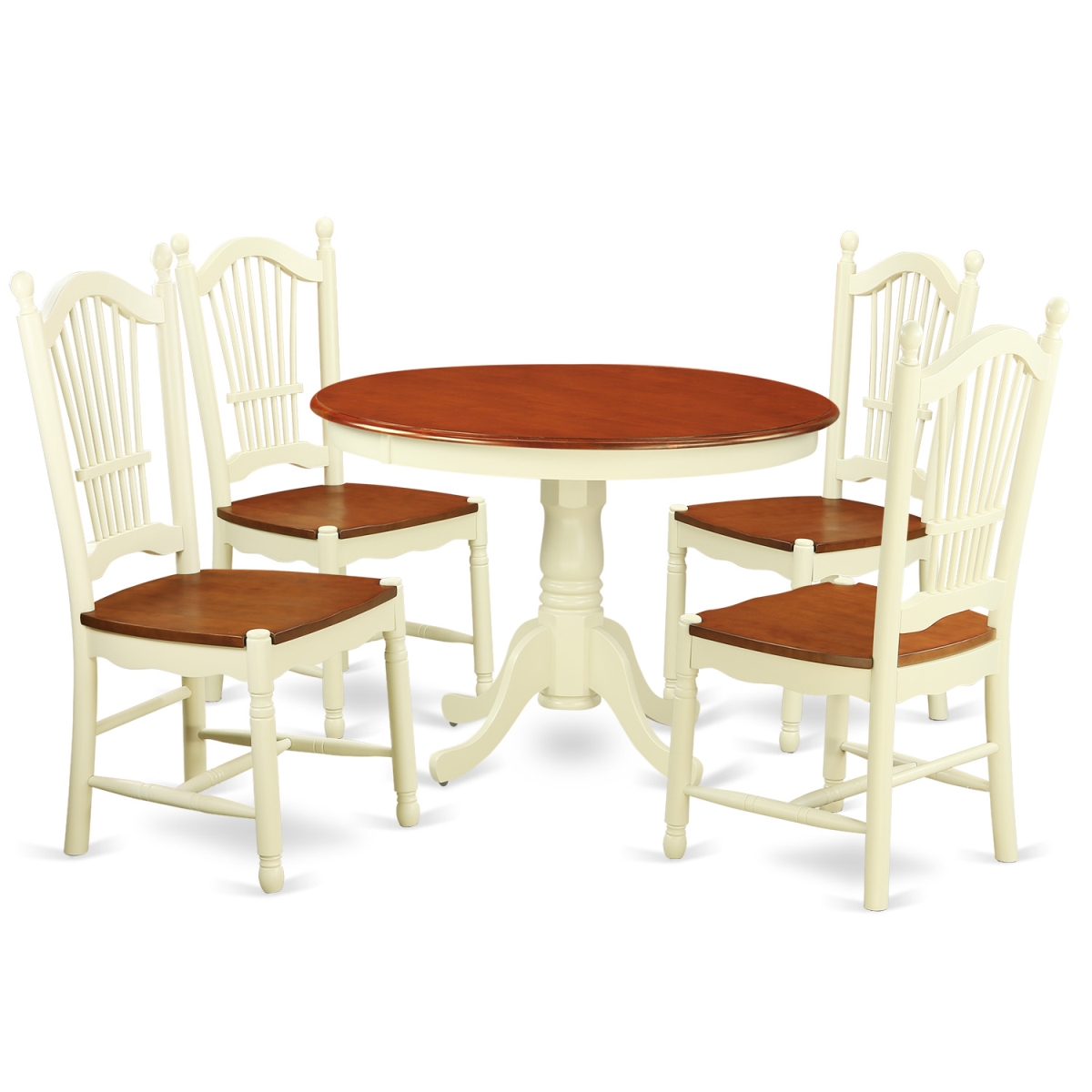GSI Homestyles Dining Set - One Round Small Table & Four Chairs with Wood Seat&#44; Buttermilk & Cherry - 5 Piece - 42 in.