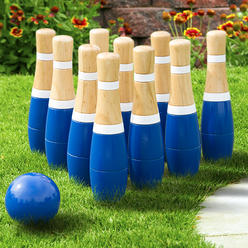Hey! Play! 8 Inch Wooden Lawn Bowling Set with Mesh Bag 10 Pins Backyard Family Game