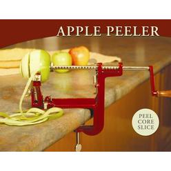 Roots & Branches Victorio Kitchen Products VKP1011 Johnny Apple Peeler Cast Iron Clamp Base, Slicer, Corer, Parer & Pie Maker, Red