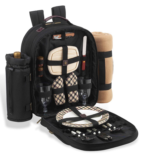 Picnic At Ascot 080X-L London Backpack For 2 With Blanket- Black W-Plaid Napkins