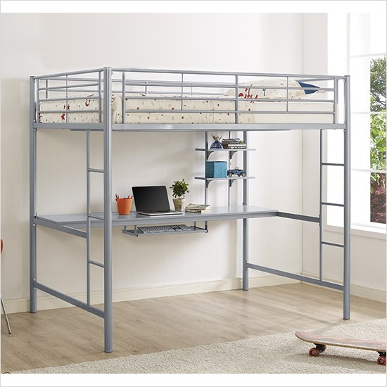 Walker Edison BDOZSL Premium Metal Full Size Loft Bed with Wood Workstation - Silver