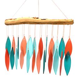 Gift Essentials Blue Handworks Coral and Teal Glass & Driftwood Chime, Sandblasted Glass and Found Wood Handcrafted Wind Chime