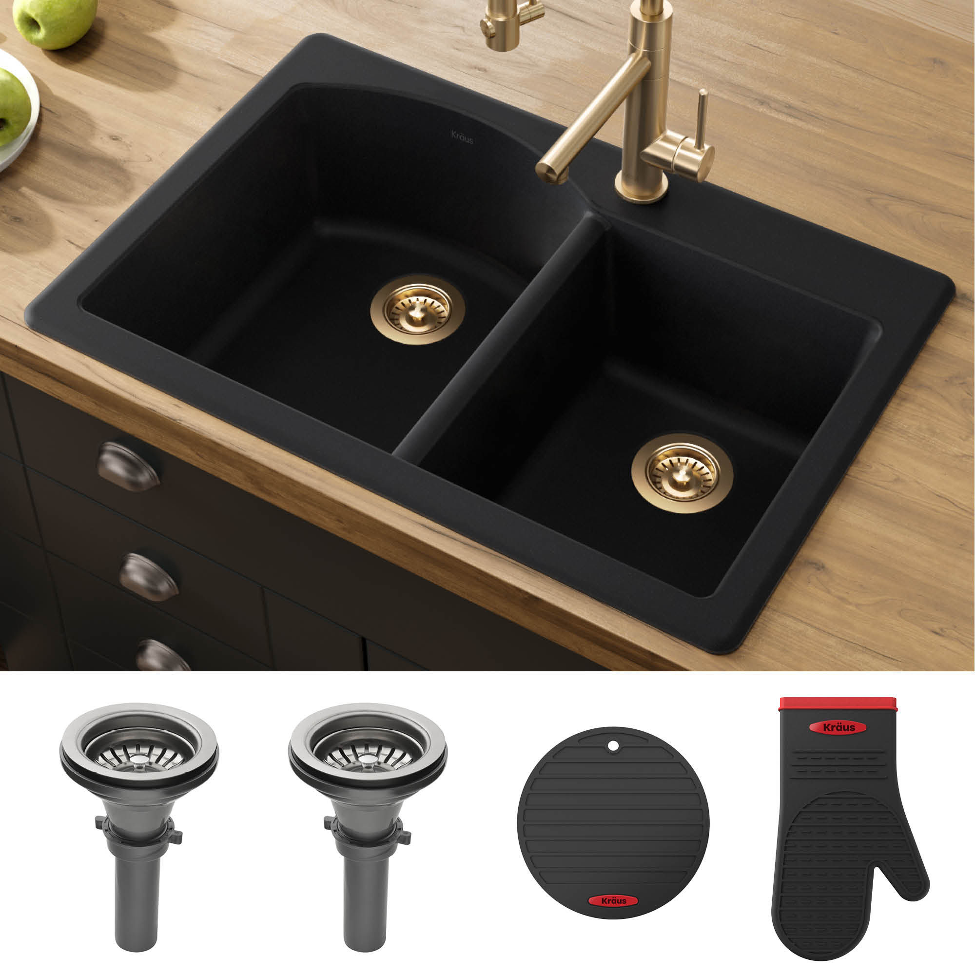 Chef 5 Min Meals 33 in. Dual Mount 60 to 40 Double Bowl Granite Kitchen Sink, Black