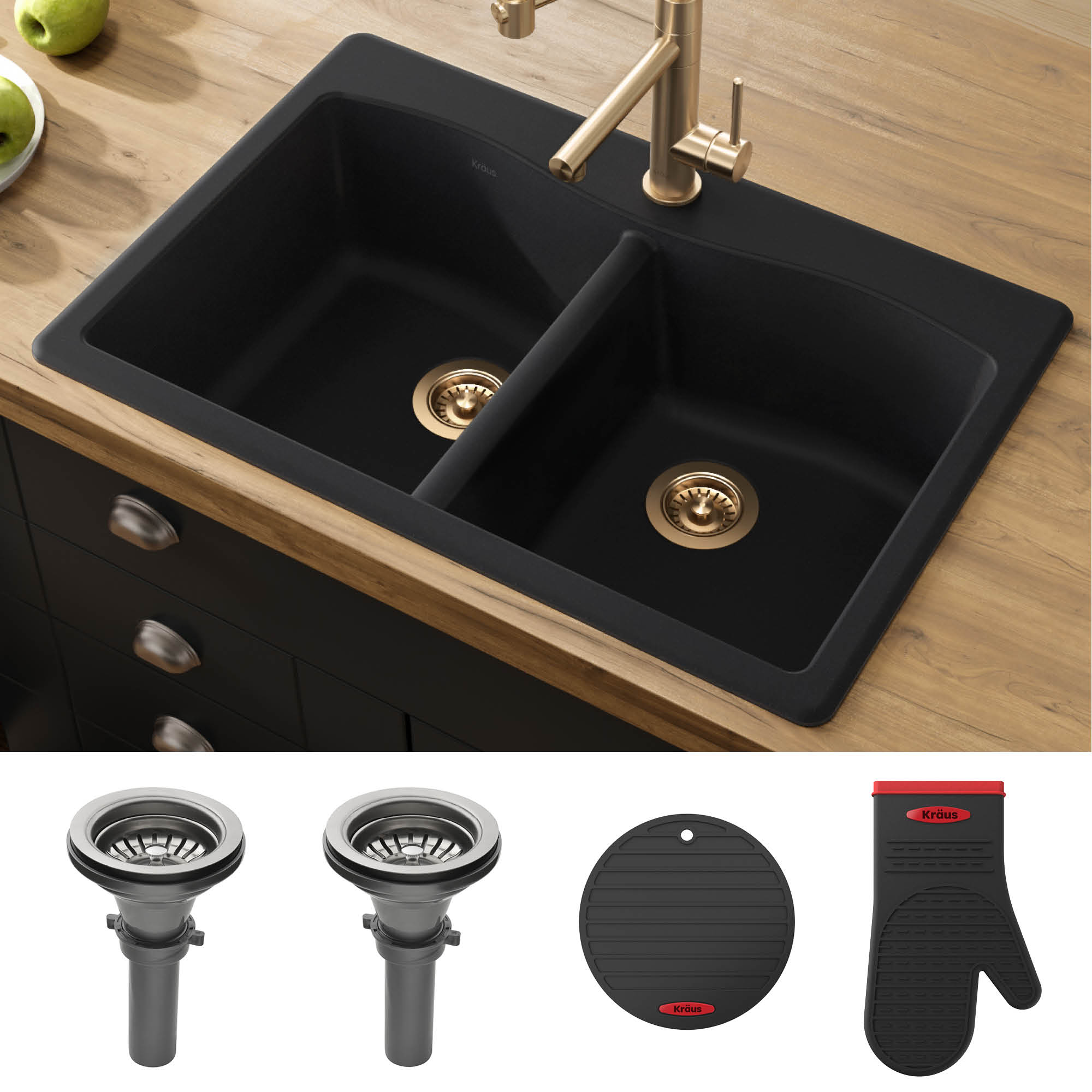 Chef 5 Min Meals 33 in. Dual Mount 50 to 50 Double Bowl Granite Kitchen Sink, Black