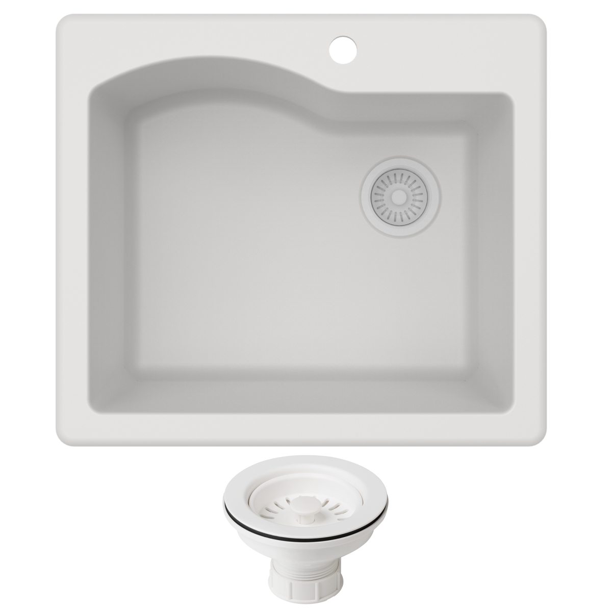 Daniel Kraus Kraus KGD-441WHITE-PST1-WH Quarza 25 Dual Mount Single Bowl Granite Kitchen Sink & Strainer&#44; White