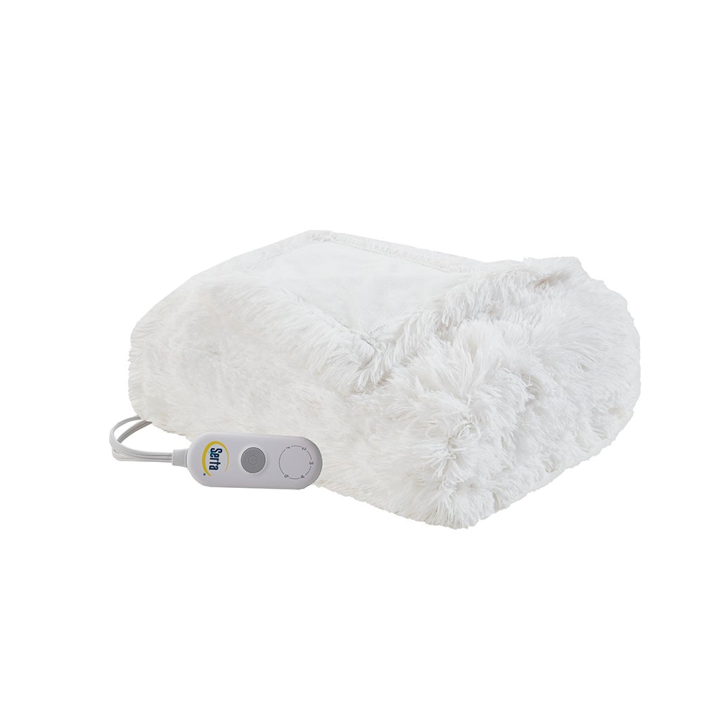 Serta ST54-0151 100 Percent Polyester Shaggy Fur Heated Throw, Ivory - 50 x  60 in.