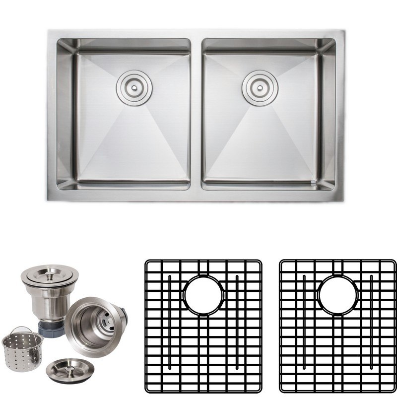 Wells Sinkware CSU3319-99-AP-1 33 in. 16-Gauge Handcrafted Apron Front Farmhouse 50-50 Double Bowl Stainless Steel Kitchen Sink with Grid Racks