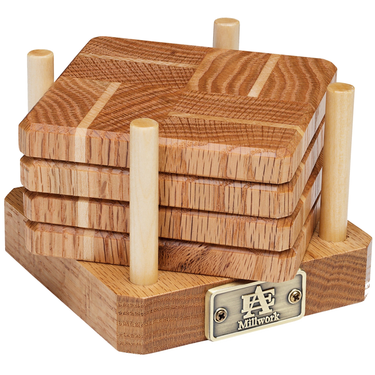 A & E Millwork AEM-5018 Oak & Maple Wood Coasters End Grain with Base - Set of 4
