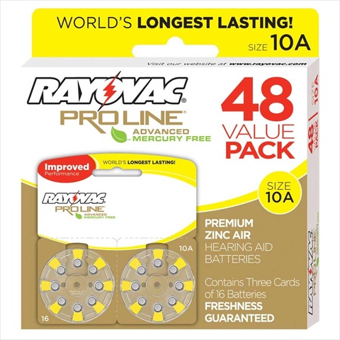 Rayovac Proline Advanced Mercury-Free Hearing Aid Batteries- Box - 48- Size 10A