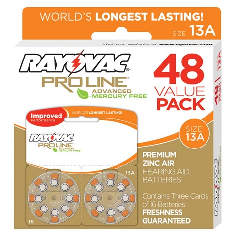 Rayovac Proline Advanced Mercury-Free Hearing Aid Batteries- Box - 48- Size 13