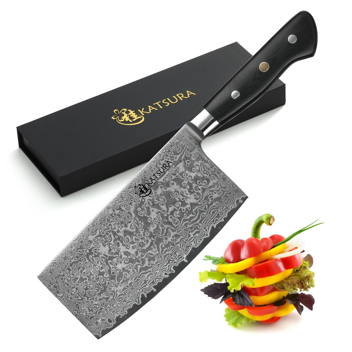 KATSURA Cutlery CKGA7G Japanese Premium AUS 10-67 Layers Damascus Steel 6.5 in. Chinese Cleaver Knife with G10 handle