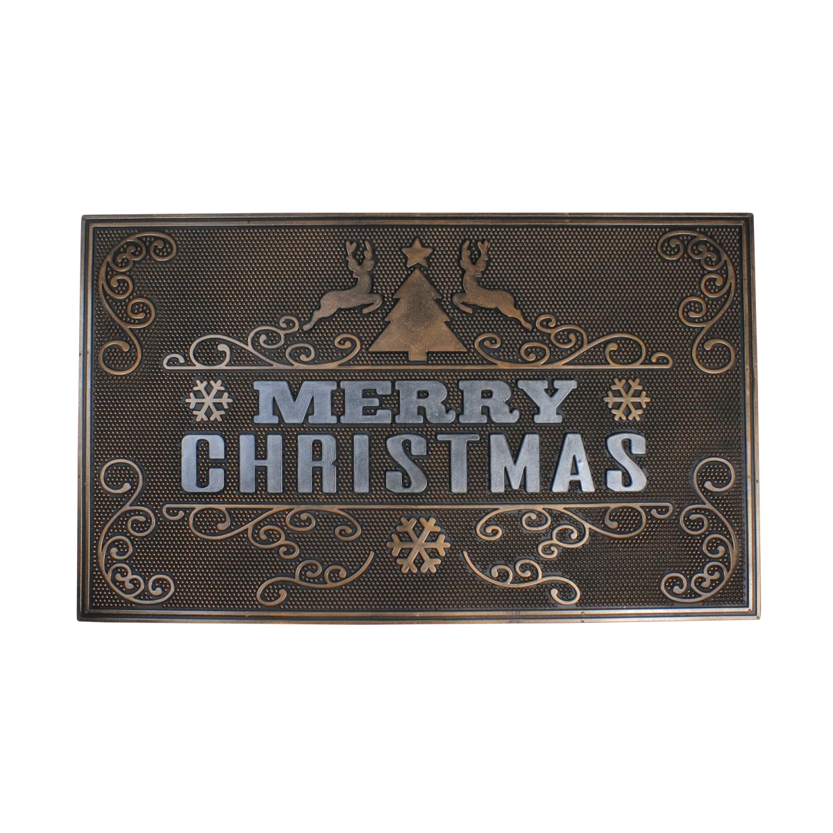 Northlight 33841576 29 x 18 in. Copper & Silver Merry Christmas with Reindeer Christmas Door Mat