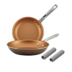 Ayesha Curry 09059 Home Collection Porcelain Enamel Nonstick Skillet Twin Pack with Silicone Handle Sleeves, Brown Sugar