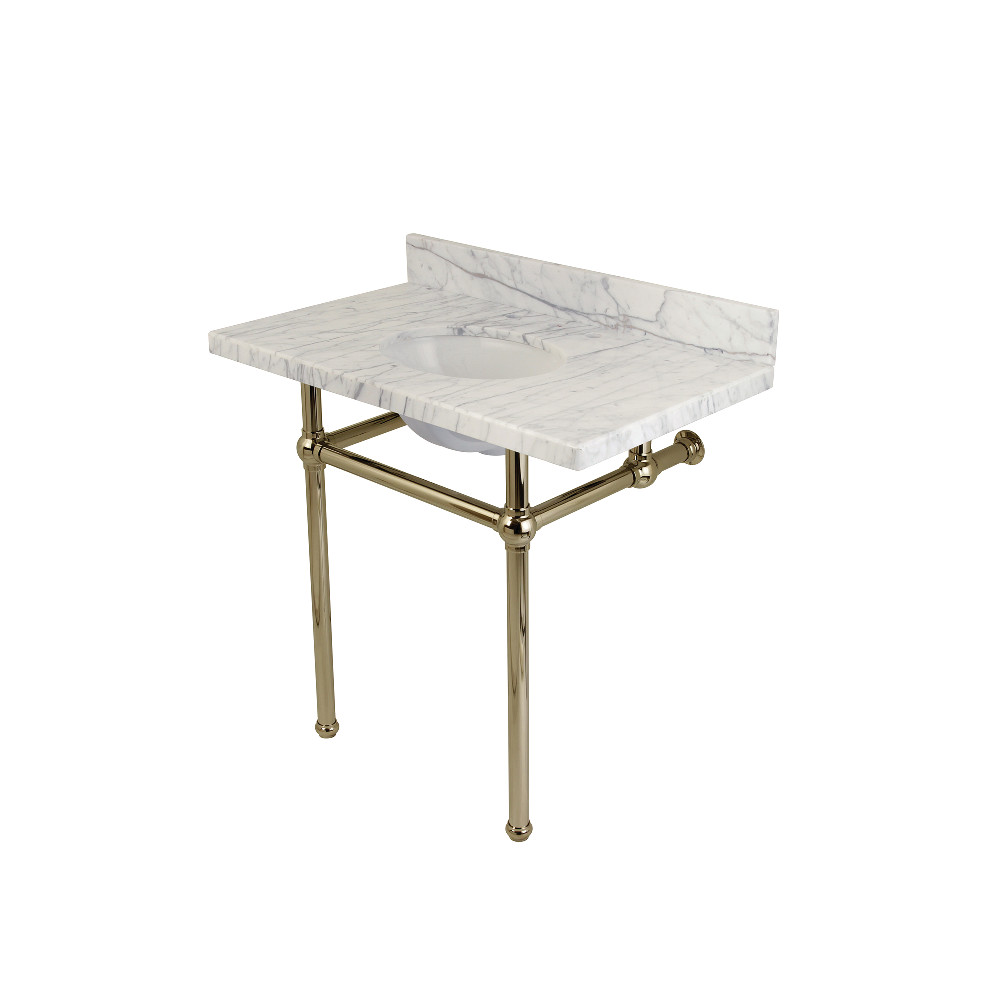 Fauceture KVPB36MB6 Templeton Bathroom Console Vanity with Brass Pedestal&#44; Carrara Marble & Polished Nickel - 36 x 38 x 22 in.