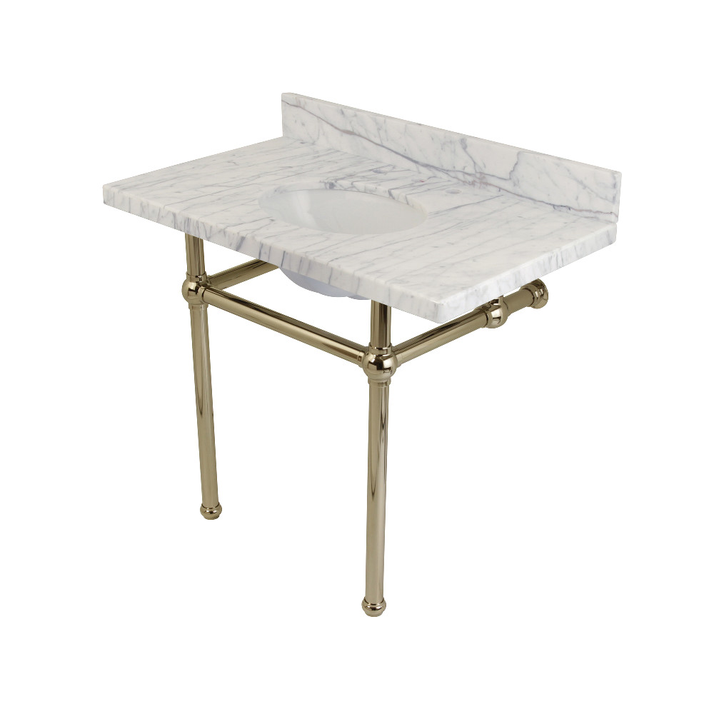 Fauceture KVPB3630MB6 Templeton Bathroom Console Vanity with Brass Pedestal&#44; Carrara Marnle & Polished Nickel - 36 x 34.75 x 22 in.
