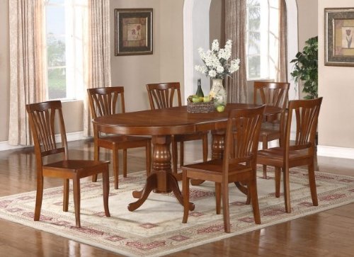Wooden Imports Furniture LLC Wooden Imports Furniture PLPS9-SBR-W 9PC Plainville Table with Double Pedestal &8 Piccasso Wood Seat Chairs in Saddle Brown Colo