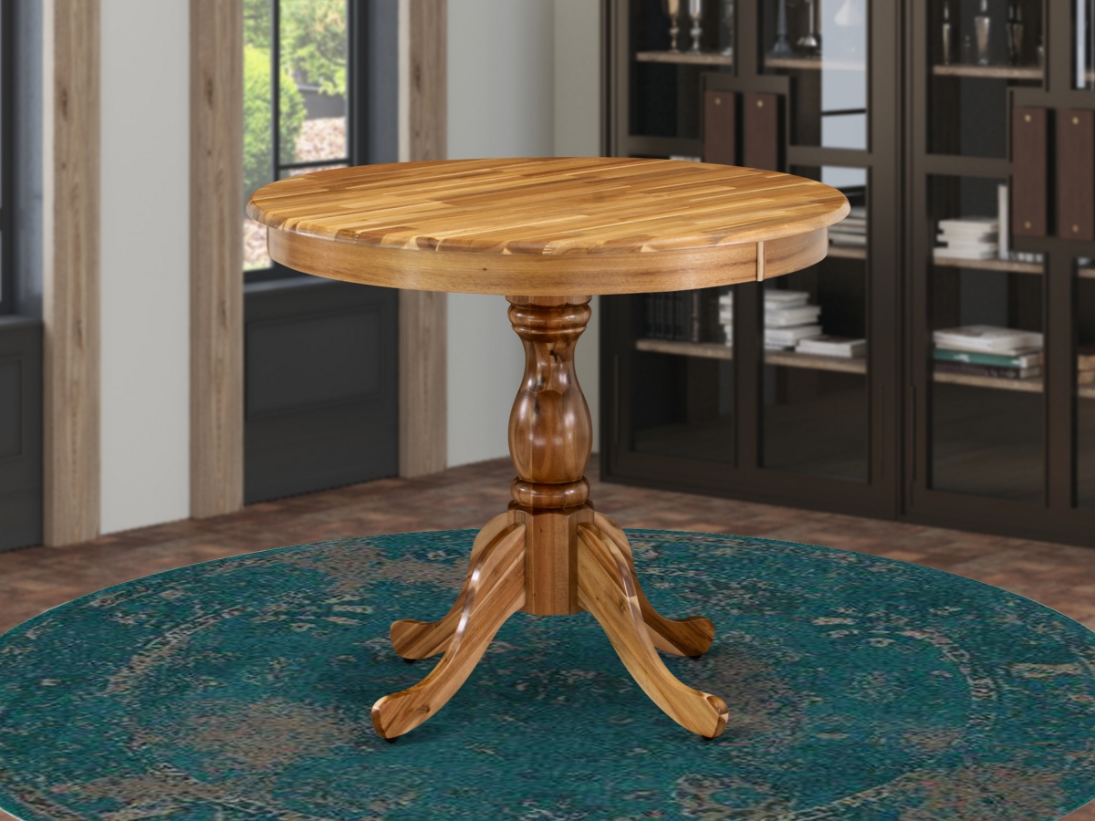 East West Furniture AMT-ANA-TP Antique Round Dining Table with Natural Acacia Table Top Surface & Asian Wood Pedestal Legs