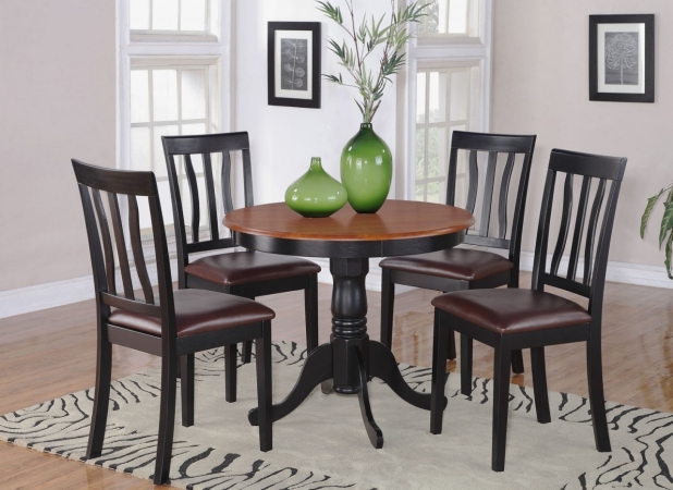 Wooden Imports Furniture LLC Wooden Imports Furniture AN5-BLK-LC 5 PC Antique Round Kitchen 36 in. Table and 4 Chairs with Faux Leather seat in Black Finish