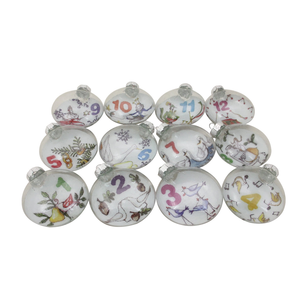 Northlight 32913412 3 in. Twelve Days of Christmas Glass Disc Holiday Ornaments - 12 Count