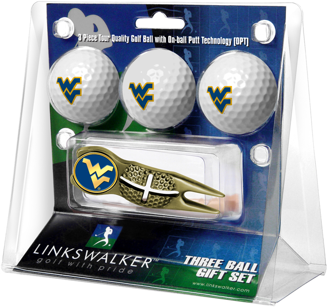 LinksWalker LW-CO3-WVM-3PKX-G West Virginia Mountaineers Gold Crosshair Divot Tool 3 Ball Gift Pack