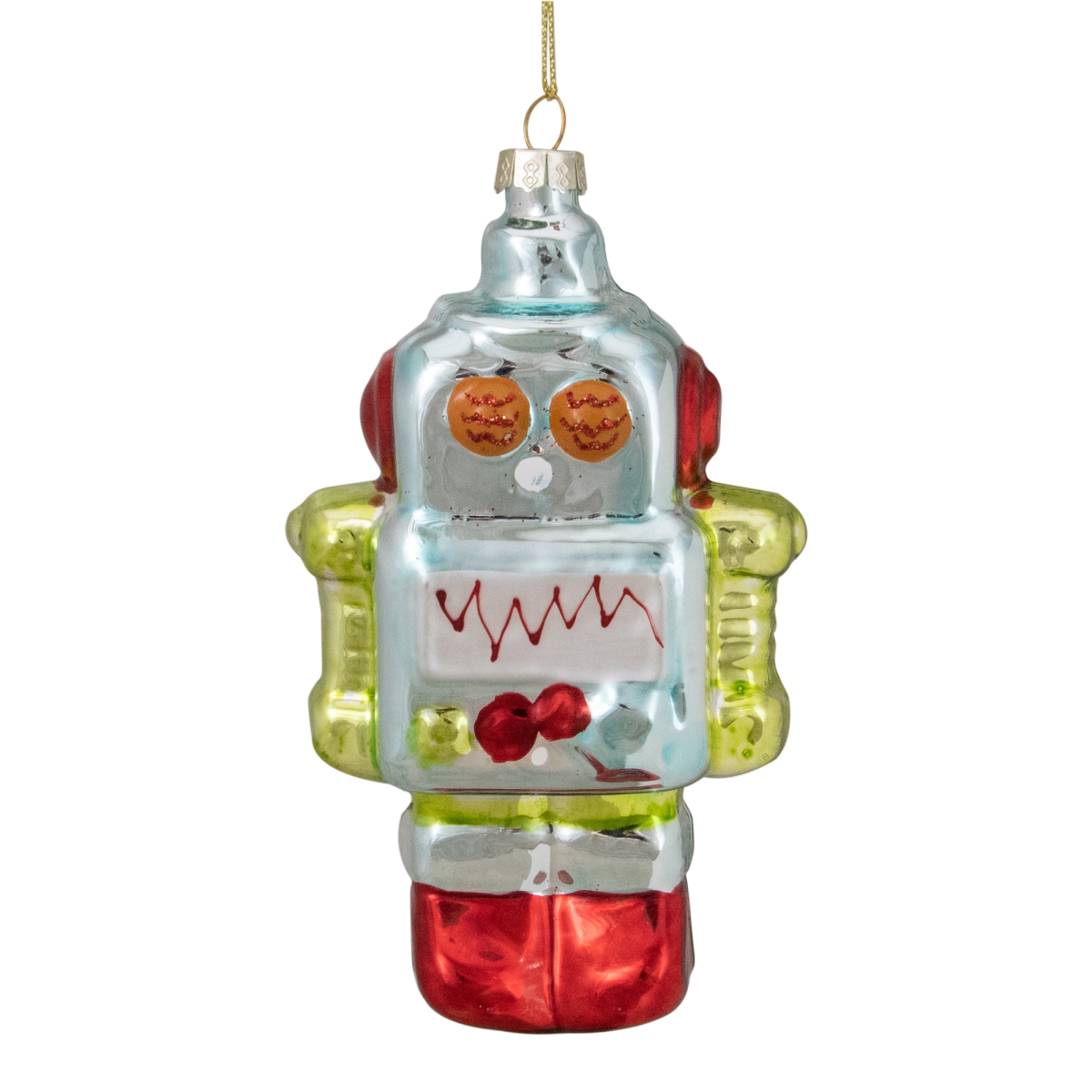 Northlight 34529066 5 in. Robot Hanging Glass Christmas Ornament&#44; Silver & Green