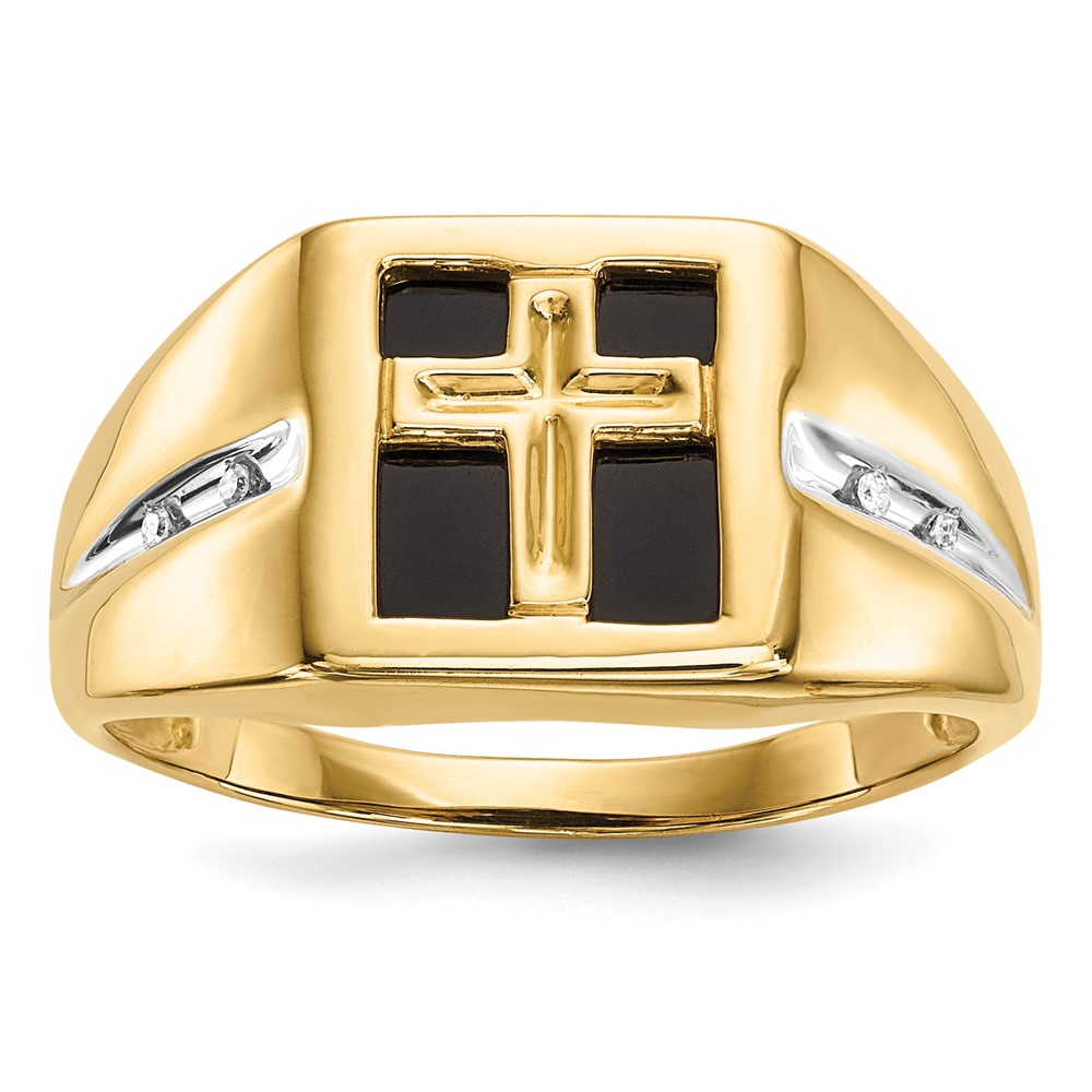 Quality Gold RM5848-002-YA 14K Yellow Gold Onyx & Diamond Cross Mens Ring - Size 10