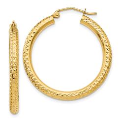 Quality Gold TC264 14K Yellow Gold Diamond-Cut 3 mm Round Hoop Earrings