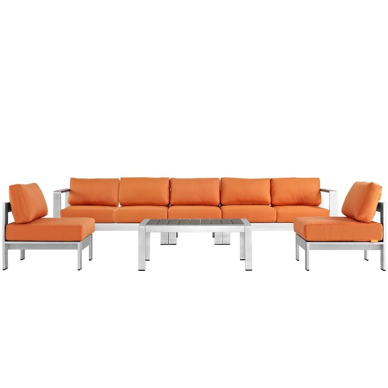 Modway Furniture Modway EEI-2565-SLV-ORA Shore Outdoor Patio Aluminum Sofa Set&#44; Silver & Orange - 6 Piece