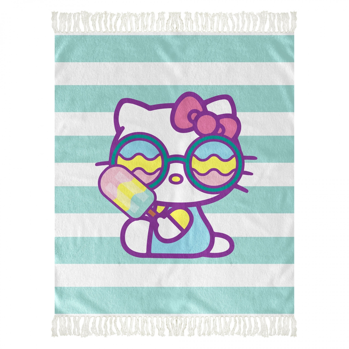 Hello Kitty 835942 50 x 60 in. Holding Popsicle Beach Throw with Tassels&#44; Blue & White