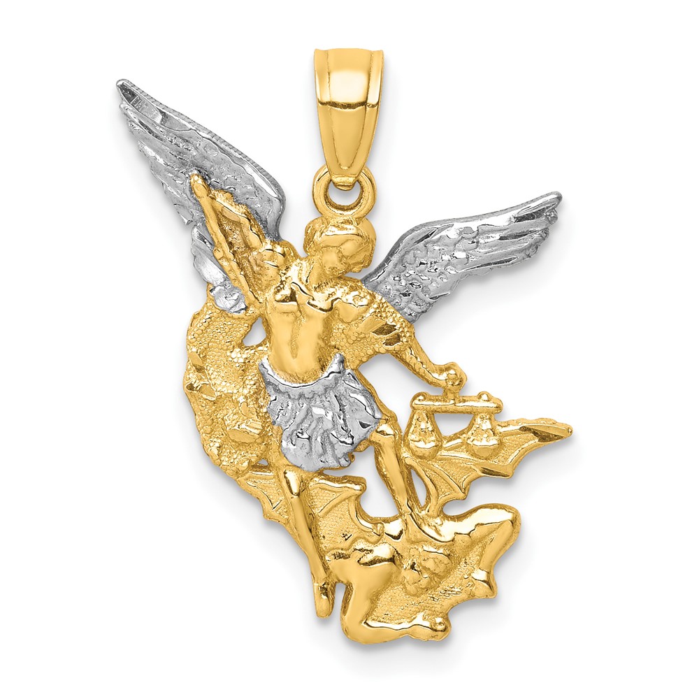 Quality Gold 10C1372 10K Yellow with Rhodium Diamond-Cut with Rhodium Saint Michael Pendant