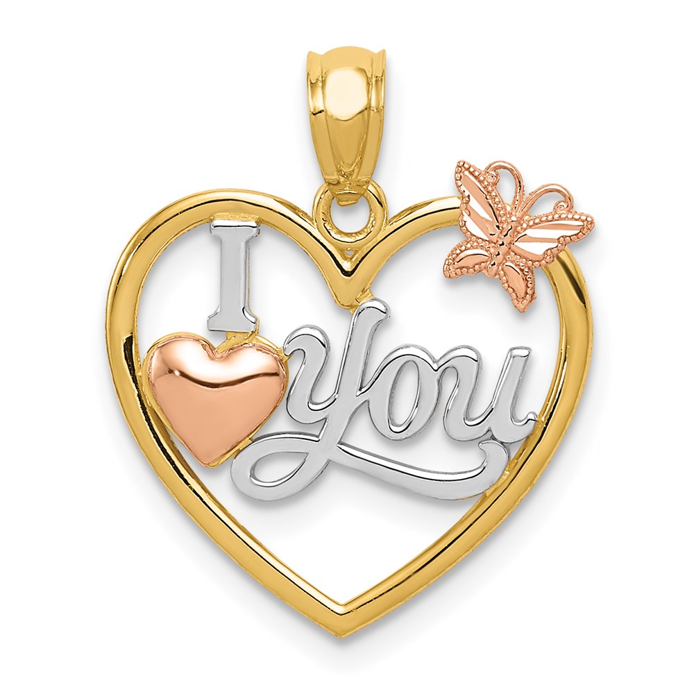 Quality Gold K5851 14K Two-Tone with White Rhod I Love You Heart with Butterfly Pendant