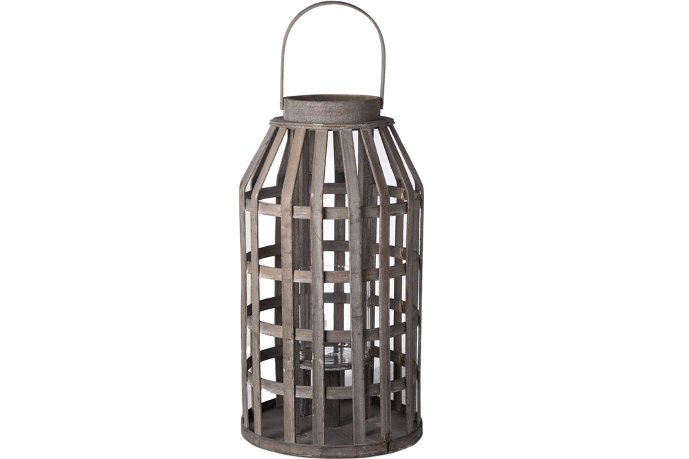 Urban Trends Collection 12114 Wood Round Lantern with Metal Top Ring Handle&#44; Candle Glass Holder & Lattice Design Body&#44; Washed Gray