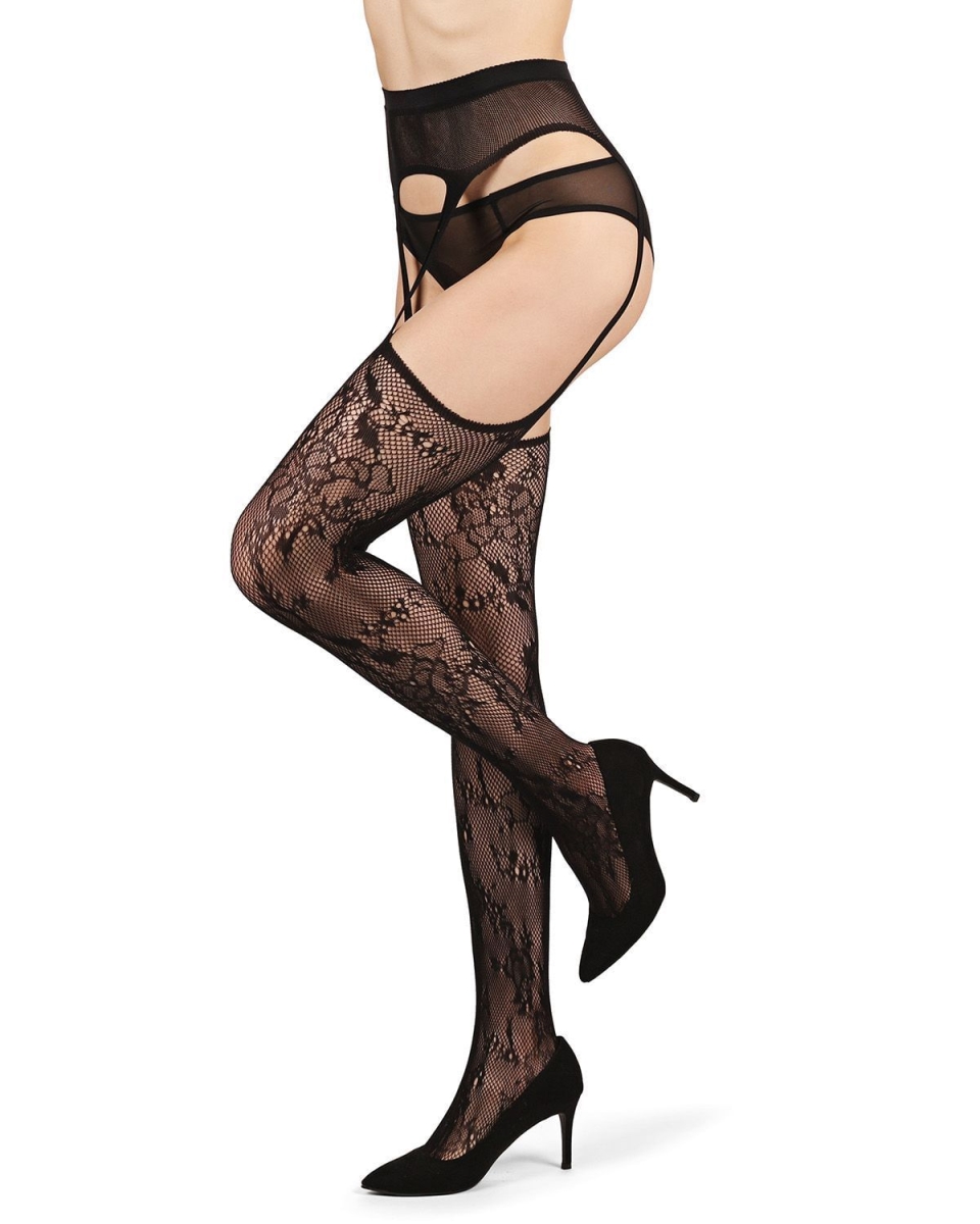 MeMoi LOV407-00001-L-XL All-In-One Lace Suspender Floral Fishnet Tights&#44; Black - Large-Extra Large