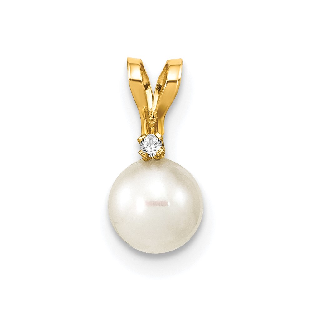 Quality Gold XF509 14K Yellow Gold 5-6 mm Round White Freshwater Cultured Pearl Diamond Pendant