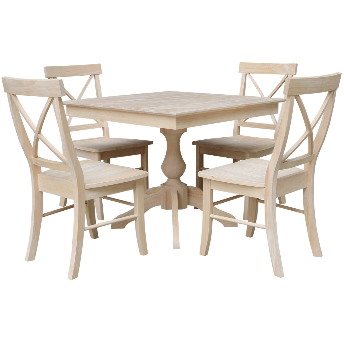 International Concepts K-3636TP-27B-C613-4 36 x 36 x 29 in. Square Top Pedestal Dining Table with 4 Chairs, Unfinished - Set of 5
