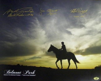AMD CTBL-l13387 Laffit Pincay Signed Belmont Stakes Winners Belmont Park Sunrise Horse Racing Photo with 3 Signatures - 16 x 20