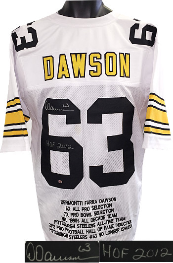AMD CTBL-017283N Dermontti Dawson Signed White TB Custom Stitched Pro Style Football Jersey - No.63 HOF 2012 with Embroidered Stats,