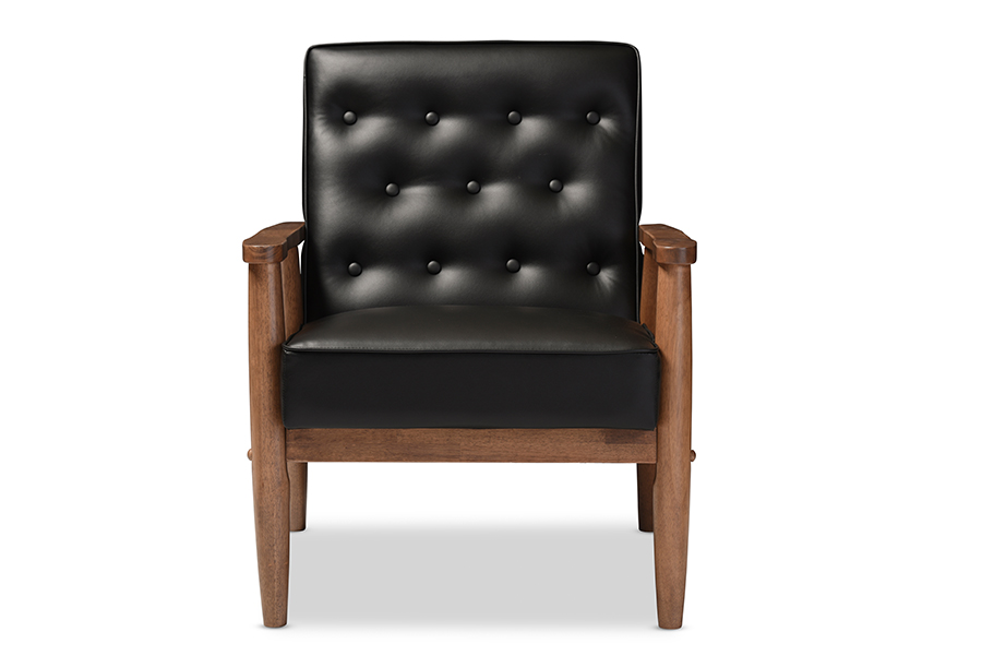 Sekkusu Furniture BBT8013-Black Chair Sorrento Mid-Century Retro Modern Black Faux Leather Upholstered Wooden Lounge Chair - 32.96 x 27.11 x 29.45