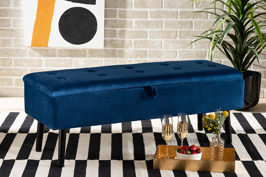 Sekkusu Furniture FZD020108-Navy Blue Velvet-Bench Caine Modern Contemporary Navy Blue Velvet Fabric Upholstered & Dark Brown Finished Wood Storag