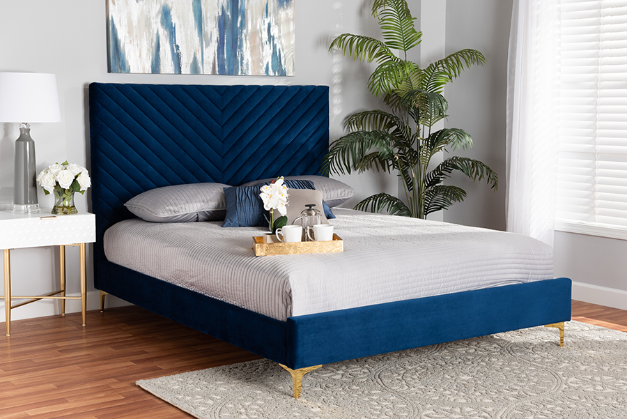 Sekkusu Furniture Fabrico Contemporary Glam & Luxe Velvet Fabric Upholstered & Metal Platform Bed&#44; Navy Blue & Gold - Queen Size
