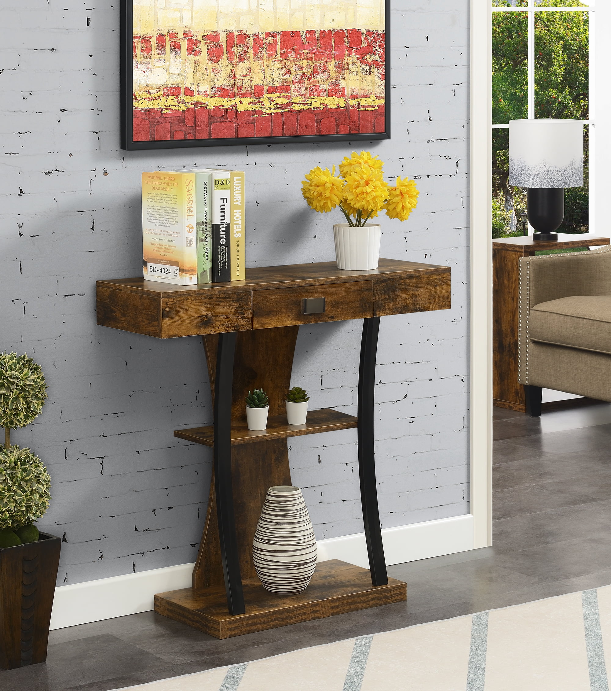 Convenience Concepts 34 x 12 x 36 in. Newport 1 Drawer Harri Console Table with Shelves&#44; Wood Grain